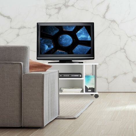 Mueble de TV con ruedas madera contrachapada blanco 90x35x35 cm