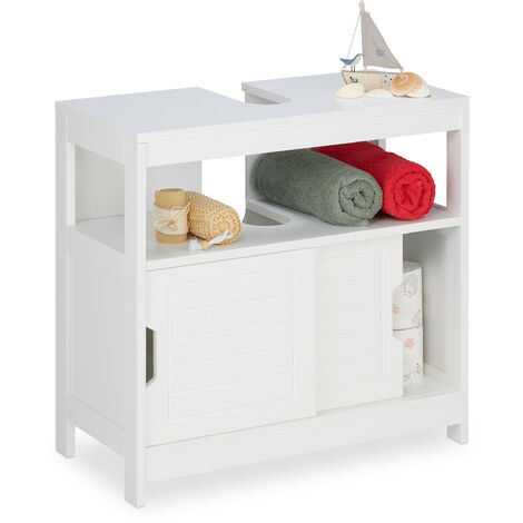 Relaxdays Mueble de Baño Bajo Lavabo, 2 Compartimentos, Puertas Correderas, Hueco para Sifón, 60,5 x 60 x 30 cm, Blanco