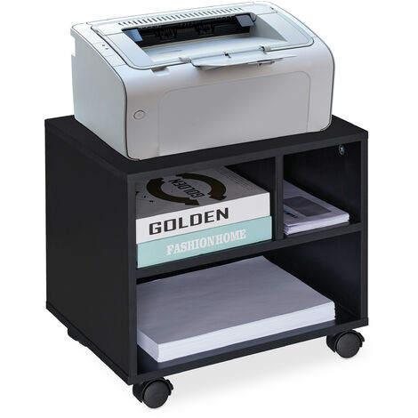 Relaxdays Mueble Auxiliar Impresora, 3 Compartimentos Abiertos, Oficina y Teletrabajo, Ruedas, 35,5 x 40 x 30 cm, Negro