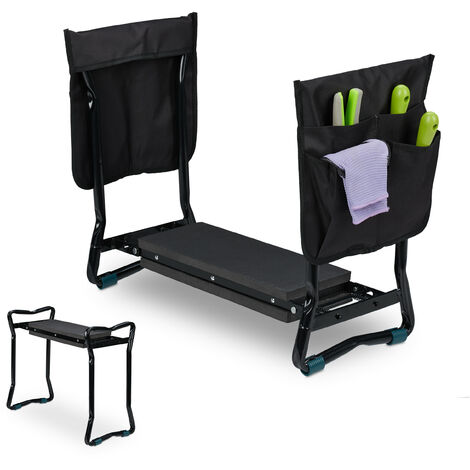 Relaxdays Banco de Rodillas Jardín, Plegable, 150 kg, Incluye 2 Bolsillos, Taburete Apoyarodillas, 50x60x27,5 cm, Negro
