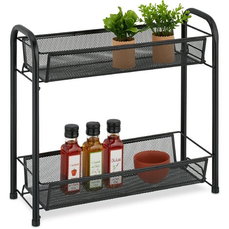  Organizador de especias ajustable para encimera, organizador de  especias de metal de 2 niveles, soporte de almacenamiento con revestimiento  de estante para gabinetes de cocina, despensa, baño, oficina, negro : Hogar