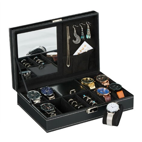 Relojero, caja de 5 relojes con tapa de cristal en color marrón o