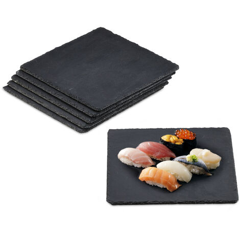 Relaxdays Set de 6 Platos de Pizarra, 25 x 25 cm, para Servir y Escribir, Buffet, Bandeja Piedra Cuadrada, Antracita (1/5)