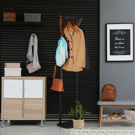 Relaxdays Garderobenständer Metall & Holz, modern, 3 Haken & Kleiderstange, Garderobe, HBT: 173x30x25 cm, schwarz-braun