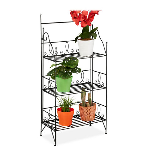 Relaxdays Estantería para Plantas, 3 Baldas, Plegable, Interior y Exterior, Metal, Vintage, 100 x 50 x 25 cm, Negro