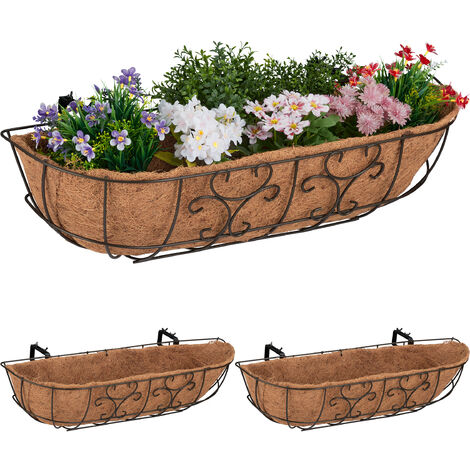 Relaxdays Jardineras de Balcón Set de 3, para Colgar en Barandilla, Hierro y Fibra de Coco, 21x76x22 cm, Marrón/Natural