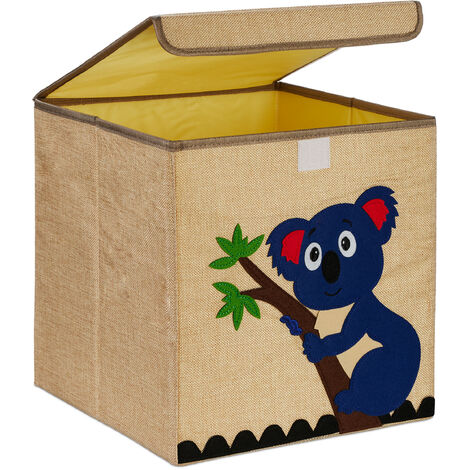 Relaxdays Caja de Almacenaje, Diseño Koala, Cajita de Tela Niños, Plegable,  33x33x33 cm, para Juguetes, Beige/Azul