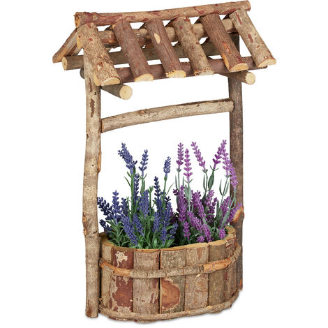 Relaxdays Maceta Madera Jardín, Forma de Fuente, Macetero Exterior Diseño de Pozo, con Corteza, 43 x 25 x 18 cm, Natural