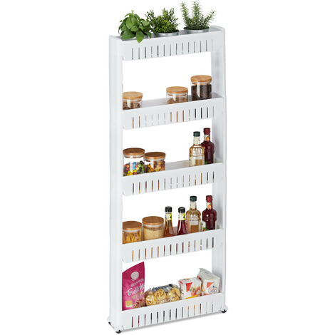 Relaxdays Carrito de Nichos, Estantería con Ruedas y 5 Baldas, Mueble Espacios Pequeños para Baño y Cocina, 131x12,5x54 cm, Plástico, Blanco