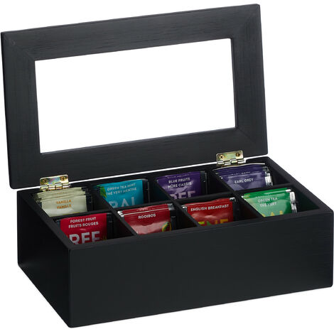 Relaxdays Caja de Té 8 Compartimentos, Bambú, 9x28x16 cm, Bolsitas de Infusiones, con Tapa, a Prueba de Polvo, Negro (1/5)