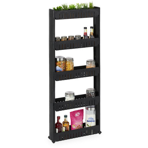 Relaxdays Carrito de Nichos, Estantería con Ruedas y 5 Baldas, Mueble Espacios Pequeños para Baño y Cocina, 131x12,5x54 cm, Plástico, Negro