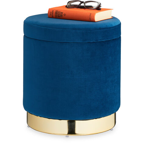 Relaxdays Taburete Terciopelo, Redondo, Reposapiés Tapizado Elegante, Puff Moderno, 41,5 x 37 cm, Azul/Dorado (1/5)