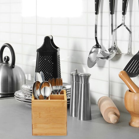 Soporte para utensilios de cocina para encimera con 4 compartimentos,  organizador de utensilios de cocina con asas, soporte de utensilios de  madera