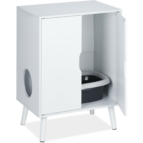 Relaxdays Mueble para Arenero de Gatos, 2 Puertas, Armarios para Caja de Arena, con Entrada Lateral, 77x58x40 cm, Blanco
