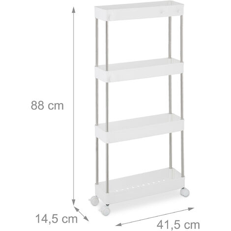 Relaxdays Carro Auxiliar Estrecho, 4 Niveles, Ruedas, Cocina, Baño,  88x41,5x14,5 cm, Plástico, Acero Inoxidable