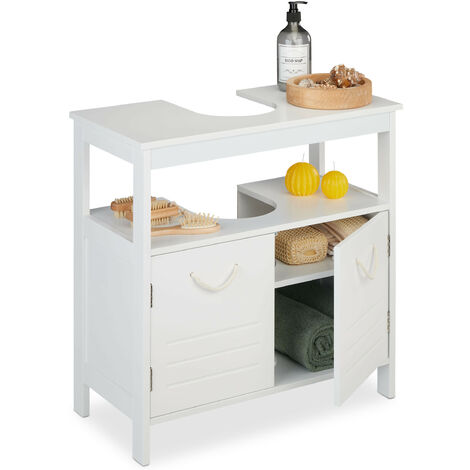Relaxdays Mueble de Baño Bajo Lavabo 2 Espacios, Armario Pila Hueco para Sifón, Tiradores de Cuerda, 60x60x30 cm, Blanco