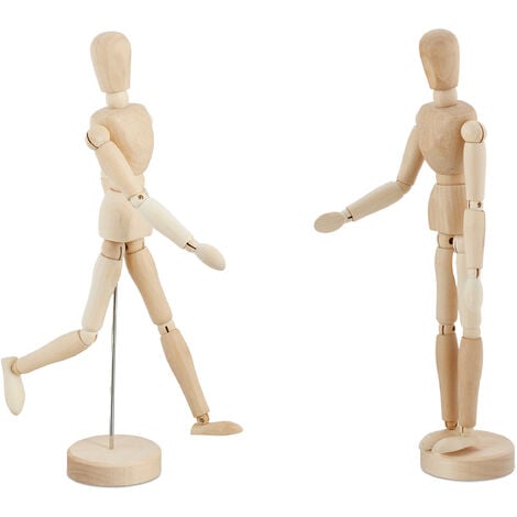 Relaxdays Set de 2 Figuras Articuladas Dibujo, Maniquí de Madera, 30 cm,  Muñeco Modelo para Artistas, Estable, Natural