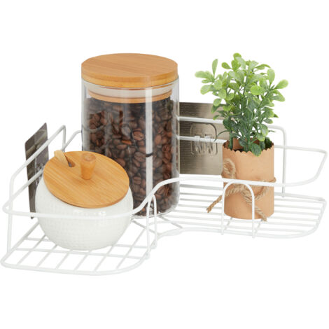 Set de 2 Estantes Esquineros de Pared, Balda Adhesiva, Almacenaje de Cocina, 5,5 x 26 x 26 cm, Hierro, Blanco