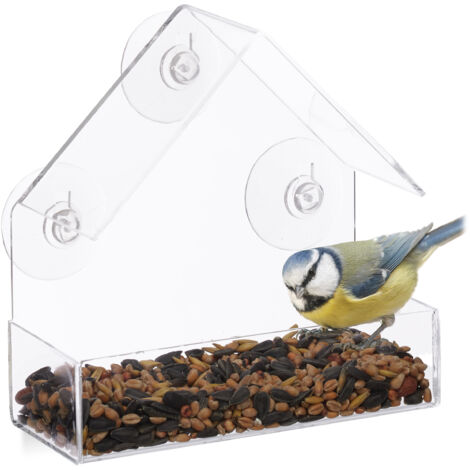 Relaxdays Comedero Pájaros para Ventana con 3 Ventosas, Cristal Acrílico y PVC, Transparente, 15 x 15 x 7 cm