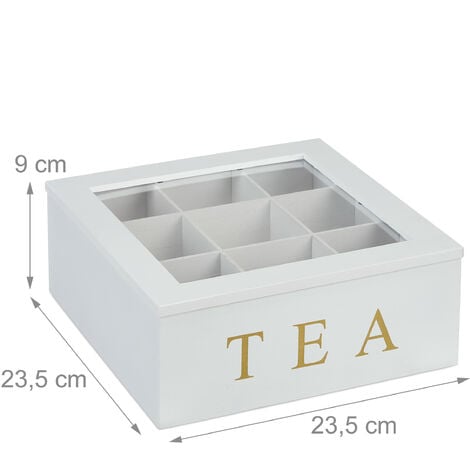 Relaxdays Caja Té, 9 Compartimentos, Organizador Infusiones, de Bambú, con  Ventana, 9 x 23,5 x 23,5 cm, Negro/Blanco, 90% 10% plástico : :  Hogar y cocina