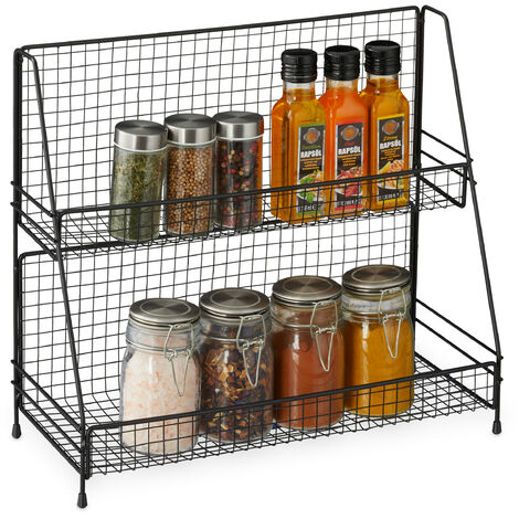 Relaxdays Organizador Especias, 2 Baldas, Estantería Cocina y Baño, Estante Metal 35x40x16 cm, Especiero, Negro