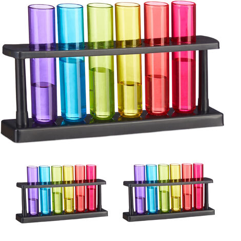 Relaxdays Pack Tubos de Ensayo para Chupitos, 18 Vasos de Shots, 3 Soportes, Plástico, 40 ml, para Fiestas, Multicolor (1/5)