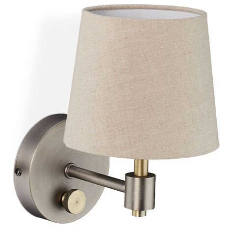 Relaxdays Lámpara de Pared, Aplique de Luz Atenuable, Pantalla de Tela, Rosca E14, 23 x 15 x 21 cm, Beige y Plateado