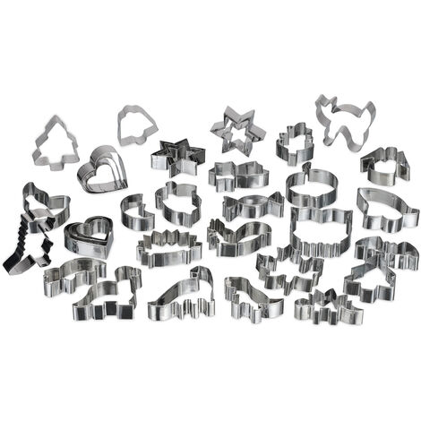 Relaxdays Set de 36 Moldes para Galletas, Cortadores de Variedad de Formas, Masa, Fondant, Acero Inoxidable, Plateado