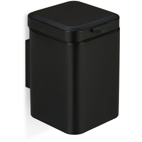 Relaxdays Cubo de Basura Baño 3 Litros, Papelera Aseo Cierre Suave, Bote Cuadrado Acero y Plástico, 24x16x22 cm, Negro