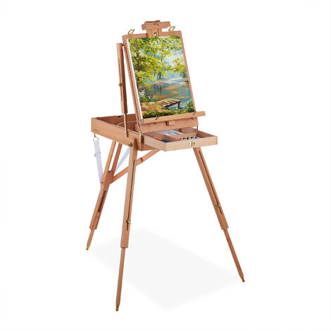 Relaxdays Caballete Portátil de Madera, para Adultos, Altura e Inclinación Regulables, Tablero XL con Cajón, Natural