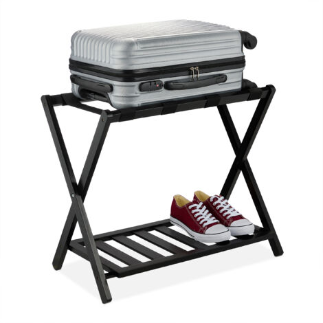 Relaxdays Soporte para Maletas, Plegable, 58,5 x 68,5 x 38 cm, Portamaletas para Hotel con Balda, Reposa Equipaje, Negro