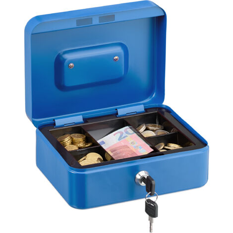 Relaxdays Caja de Dinero, Cerradura, Bandeja Extraíble, 5 Compartimentos, Cajita Hierro, 8,5 x 20 x 17 cm, Azul