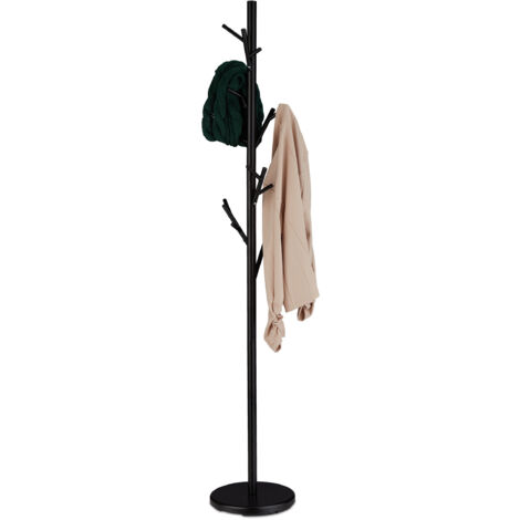 Relaxdays Perchero de Pie Diseño Árbol, Metal, 12 Ganchos, 176x30cm, Guardarropa, Colgador de Chaquetas Estable, Negro