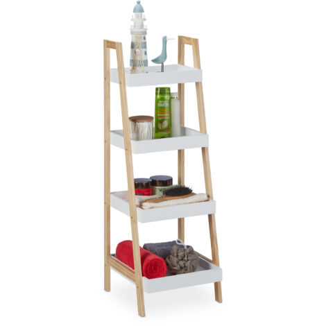 Relaxdays Estantería Baño, 4 Bandejas, Estante Escalera, MDF y Madera de Pino, Abierta, 98,5x34,5x36 cm, Blanco/Natural
