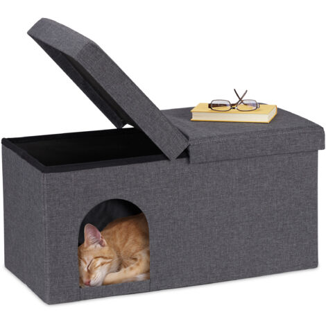 Relaxdays Casa Gato con Banco, Cueva Gatito Plegable, Accesorios Gatunos Interior, Escondite, 38,5 x 74,5 x 37 cm, Gris