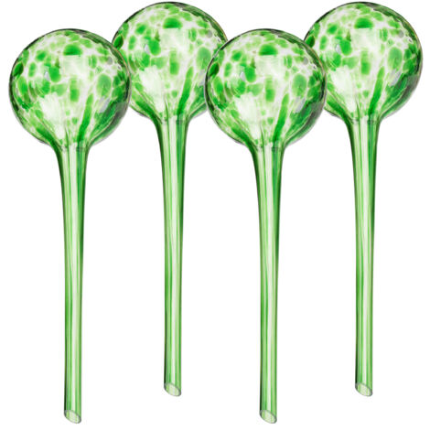 Relaxdays Globos de Riego de Cristal, Set de 4, 30x9 cm, Bolas para Regar Plantas, Autorriego Vacaciones, Verde
