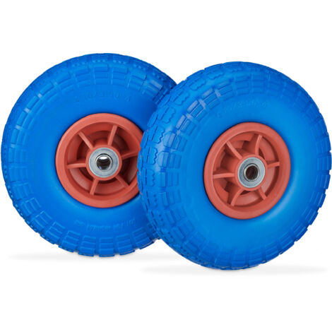 4 Ruedas de Carro, Antipinchazos, Macizas, 4.10/3.50-4", Eje de 16 mm, hasta 150 kg, 260x85mm, Azul y Rojo