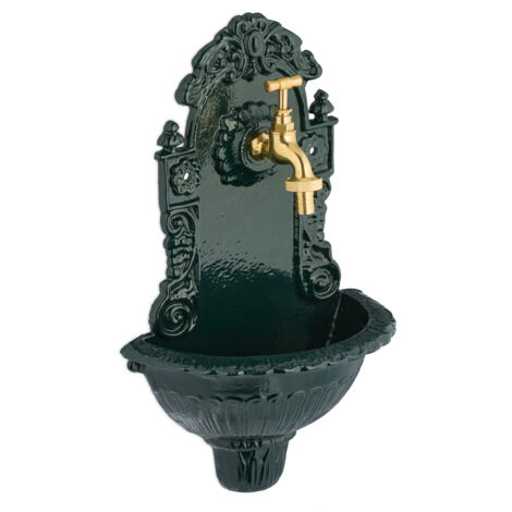 Relaxdays Fuente de Agua de Pared, con Grifo, Antigua, Bebedero Jardín, Aluminio Fundido, 40x24,5x15 cm, Verde/Dorado