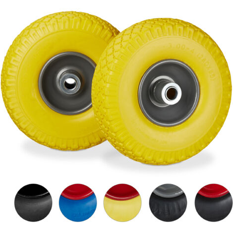 4x Ruedas de carretilla, Neumáticos de goma, 3.00-4, Eje de 20mm, Hasta 100 kg, 260x85 mm, Amarillo y gris
