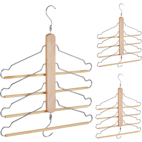 Relaxdays Perchas Múltiples, 4 en 1, Ahorra Espacio, Set de 3, Barra Pantalones, Madera Loto y Metal, Natural y Plateado