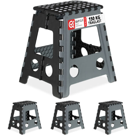 4 Taburetes Plegables XL, 1 Escalón, Banquetas con Asa, para hasta 120 kg, Plástico, 39,5 x 38,5 x 32 cm, Gris y Negro