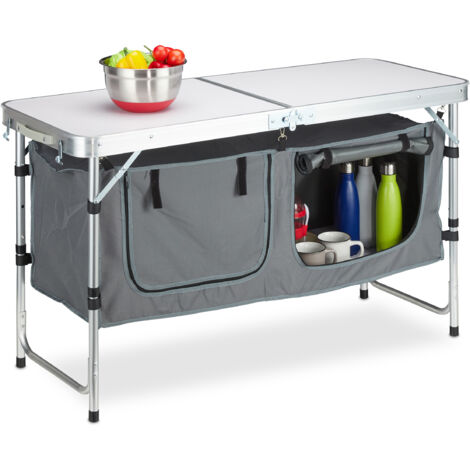 Relaxdays Mesa Camping Plegable, Altura Regulable, Estable, Almacenaje, Aluminio y MDF, 120 x 47 cm, Plateado/Blanco