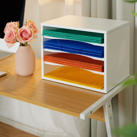 Bandeja Organizadora De Documentos A4, 4 Compartimentos Escalonados - MDF, Color Natural, Medidas 27x25.5x34.5 Cm | Relaxdays