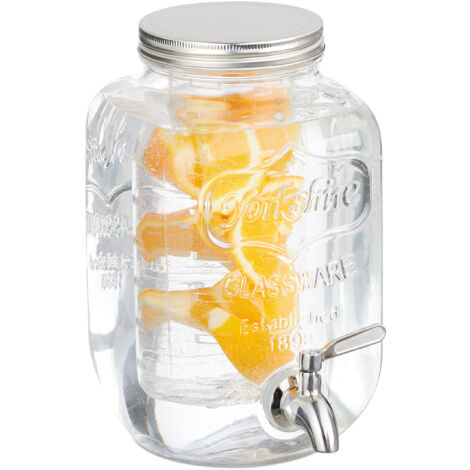 Relaxdays Dispensador Bebidas con Accesorio Fruta, Recipiente Limonada 4 L, Grifo y Tapa, Cristal, Metal, Transparente (1/5)