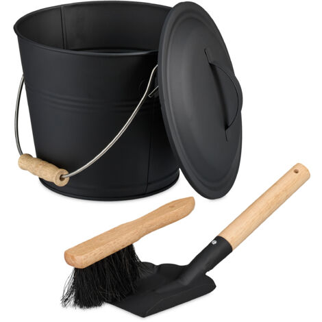 Relaxdays Cubo para Cenizas con Tapa y Set, 4,5 L, Incluye Cepillo y Recogedor, Contenedor de Carbón con Asa, Negro (1/5)
