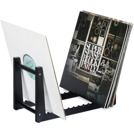 Relaxdays Caja vinilos, Mueble Almacenaje LPs, Bambú, 12 Ranuras y Espacio para 50 Discos, 19,5 x 35 x 17 cm, Negro (1/5)