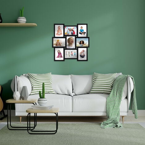 Relaxdays Collage con nueve marcos para fotos, Horizontal y vertical, Pared, Plástico, 54 x 54 cm, Negro