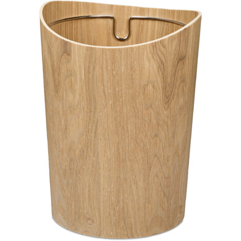 Relaxdays Papelera, 9 L, en Efecto Madera, 30 x 23 cm, Anillo de Metal para Bolsa Basura, Cubo Redondo, Marrón Claro