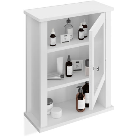 Relaxdays Armario Baño de Pared, Mueble WC Colgante, 3 Compartimentos, Puerta con Cristal Acrílico, 52x42x18 cm, Blanco