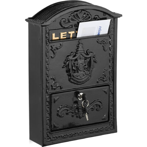 Relaxdays Buzón Exterior Vintage, Casillero Correo Adornado, 42 x 28 x 10 cm, Ranura Cartas A4, 2 Llaves, Negro/Dorado